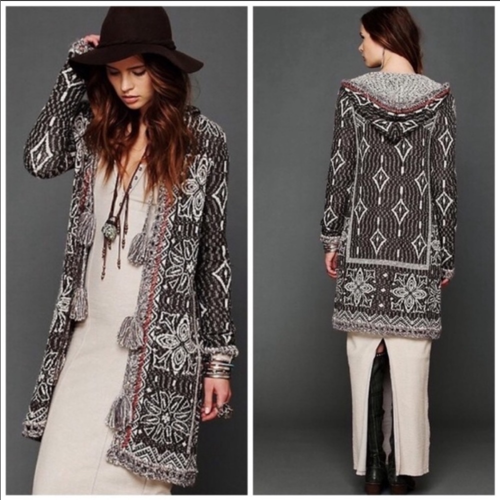 Free People BoHo Tasseled Hooded Long Cardigan